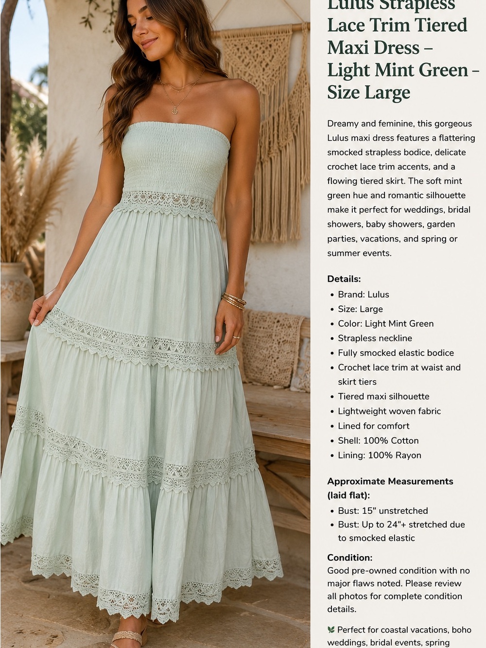 Lulu's Strapless Light Mint Green Crochet Trim Tiered Maxi Dress